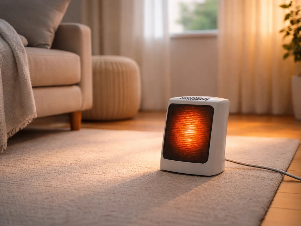 Small space heater placed safely on the floor, angled for better radiant coverage in a tidy living room.