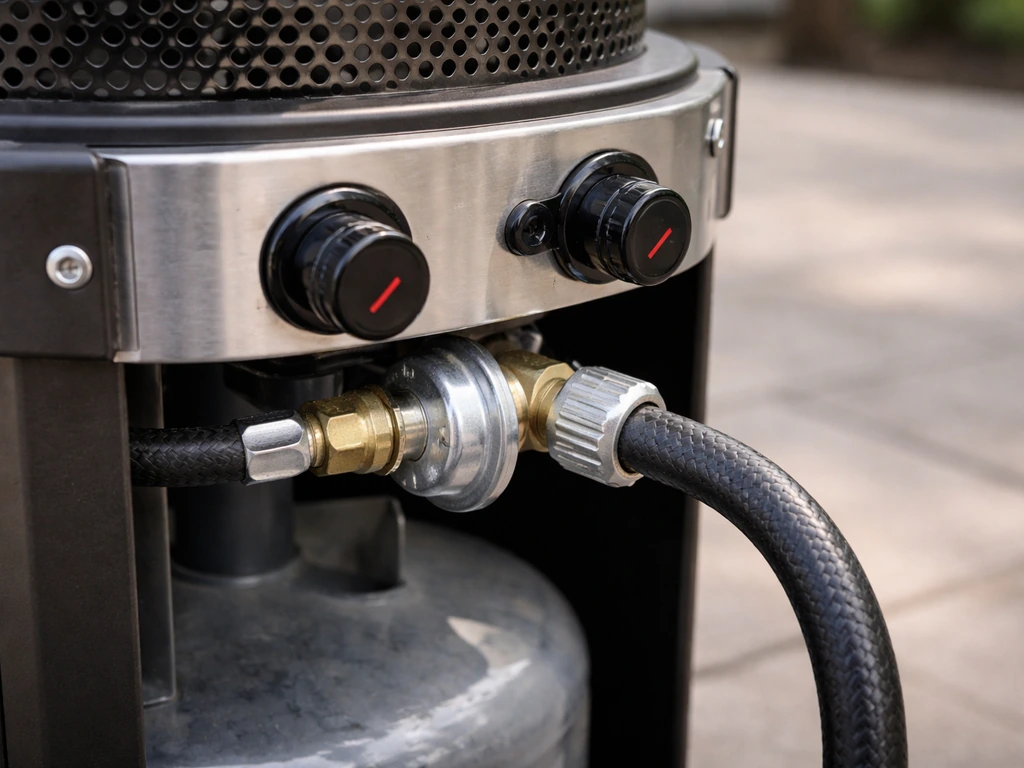 Close-up of propane hose, regulator, and valve connections on a patio heater with a safe burner area