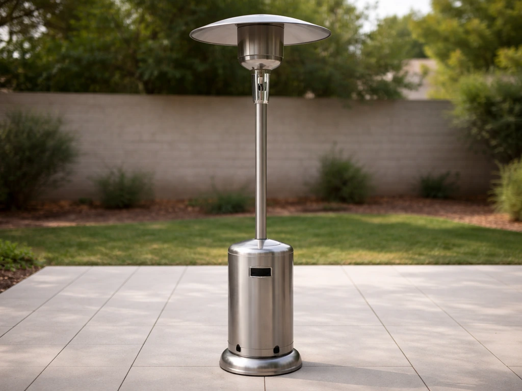 Amazon Basics 46,000 BTU mushroom-style propane patio heater standing on a patio in outdoor daylight.