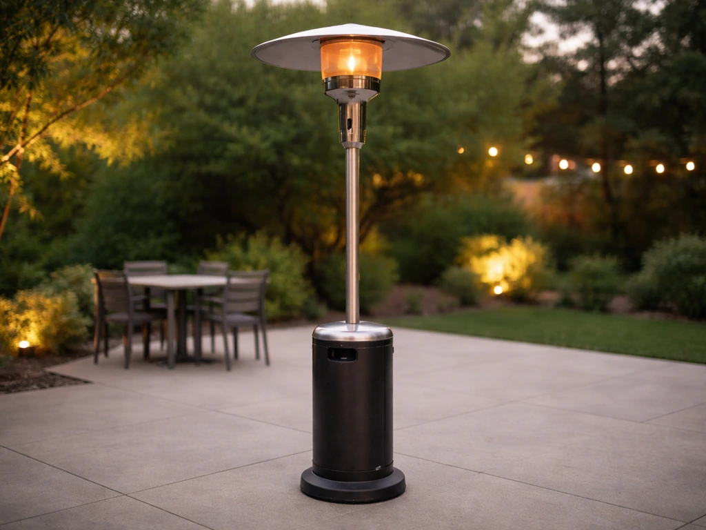 Large mushroom-style propane heater standing on an open patio at dusk with warm ambiance.