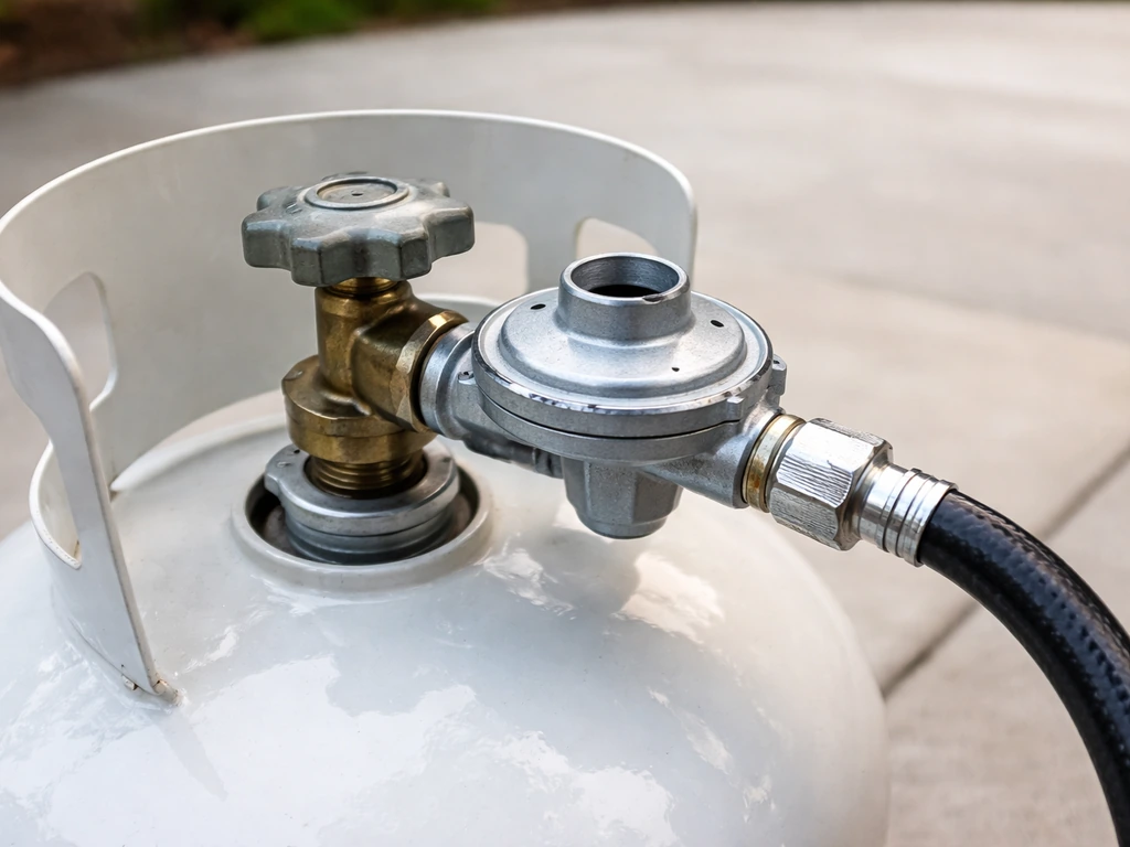 Close-up of a 20-lb propane tank connection with regulator and hose on a patio heater.