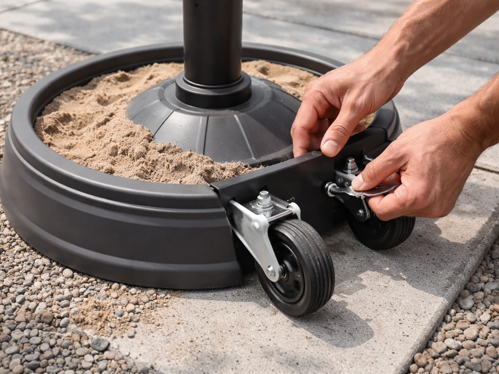 Hands tightening bolts on a portable outdoor heater base with sand ballast for stability