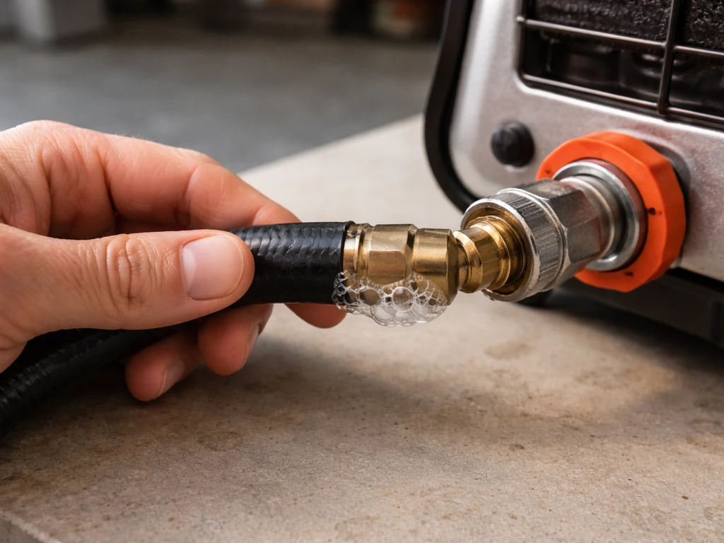 Hand inspects a heater hose and soap bubbles at the connection point to check for leaks.