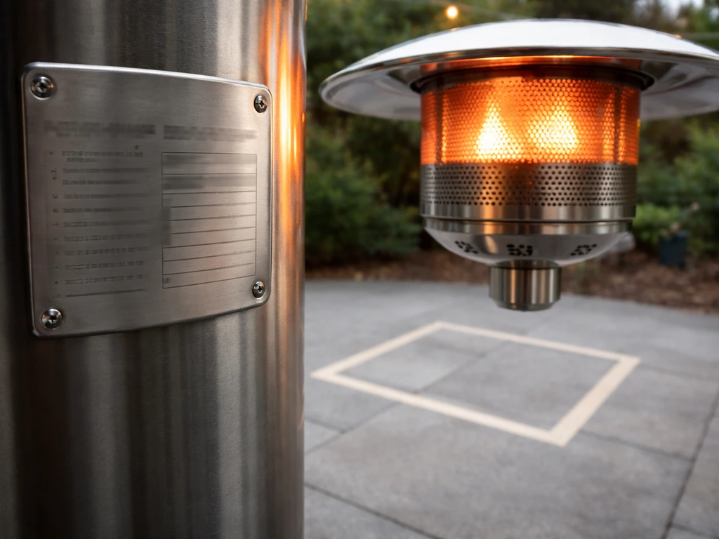 Close-up of a patio heater with a spec plate beside a glowing burner and a taped square floor area.
