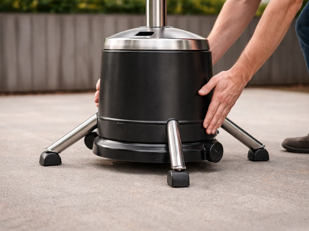 Portable propane mushroom heater being gently repositioned on a flat outdoor patio, emphasizing stable footing.