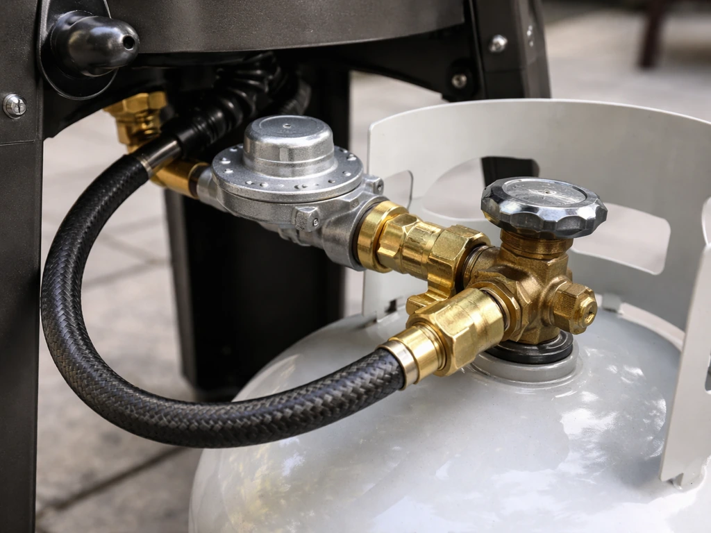 Close-up of a propane tank, regulator, and hose connected to a portable heater inlet.