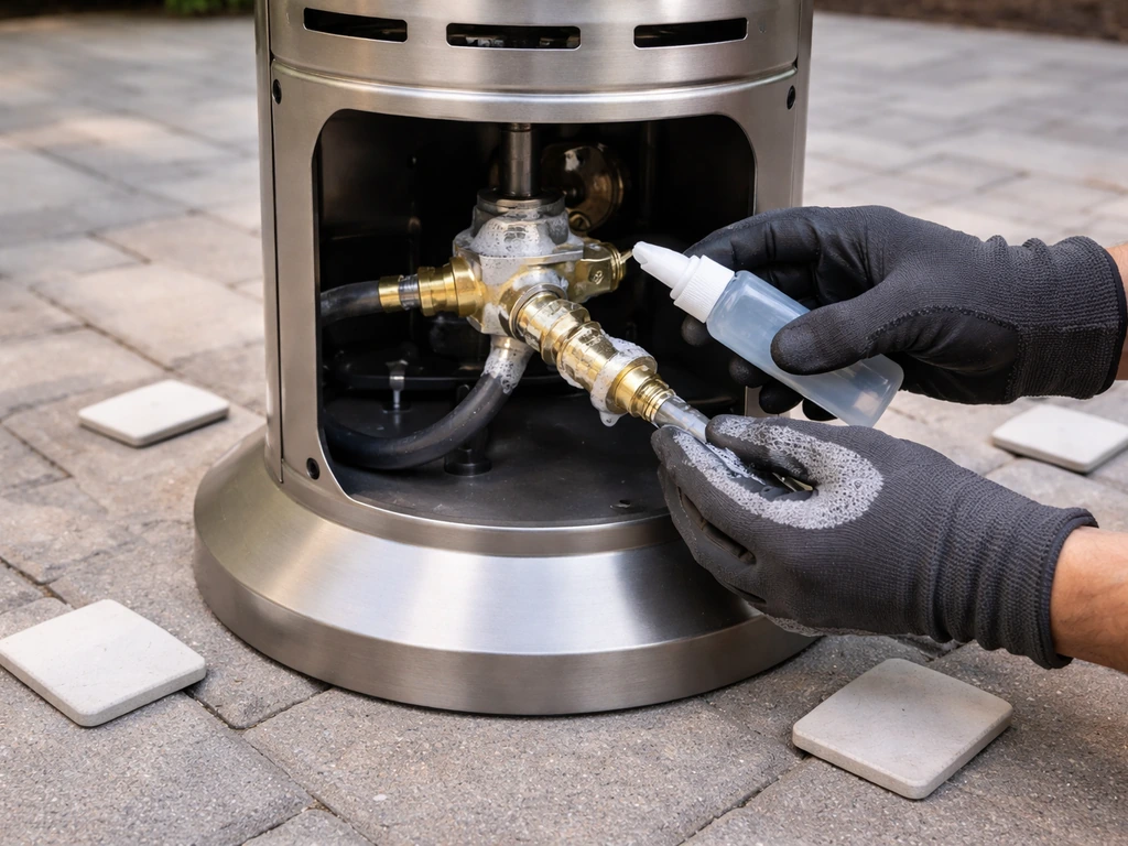 Propane patio heater with soap bubbles at regulator connection and clear spacing on the ground.