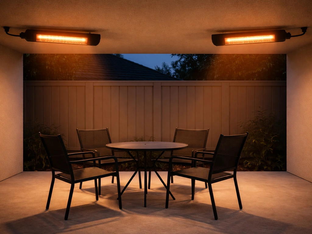 Two ceiling-mounted infrared patio heaters spaced so their warm areas overlap above seating.