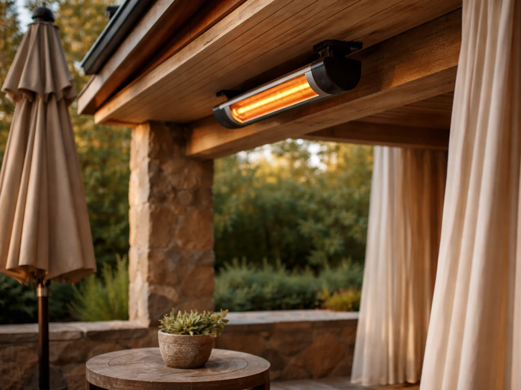Outdoor heat lamp on a patio with visible safe clearance from nearby umbrella fabric and furniture.
