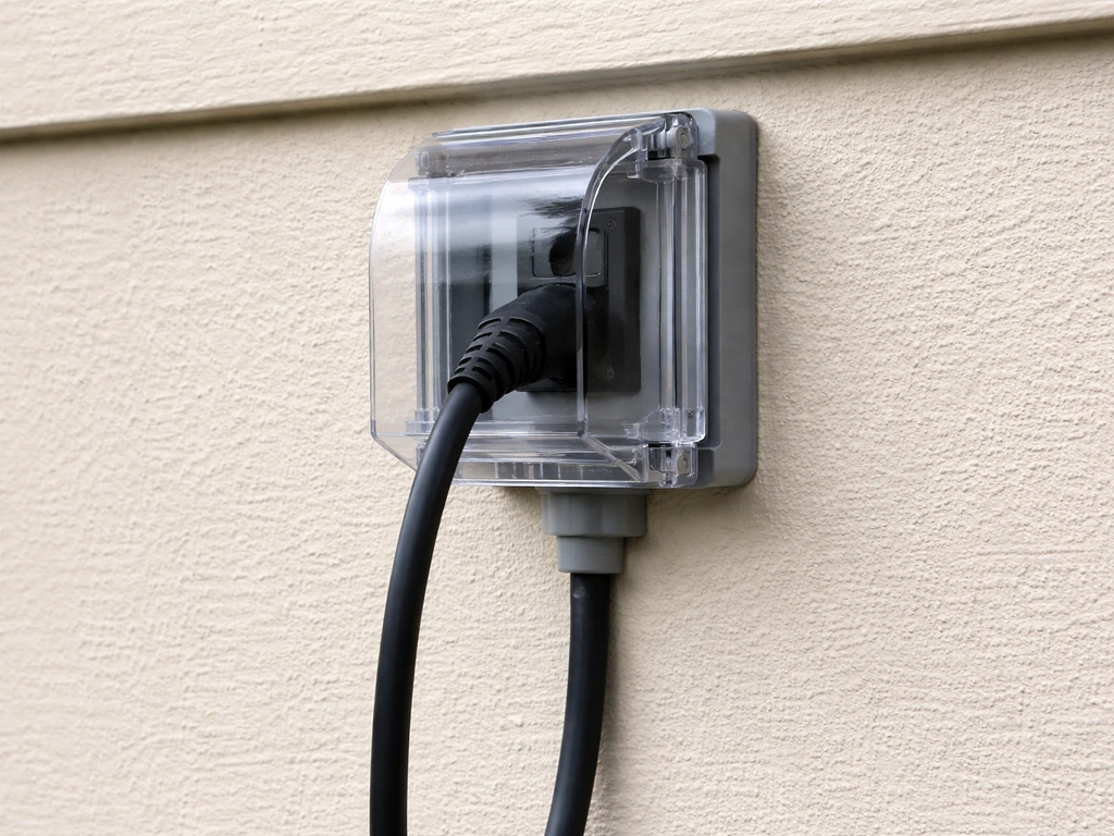 Close-up of a weatherproof outdoor outlet with a cord routed safely on an exterior wall.