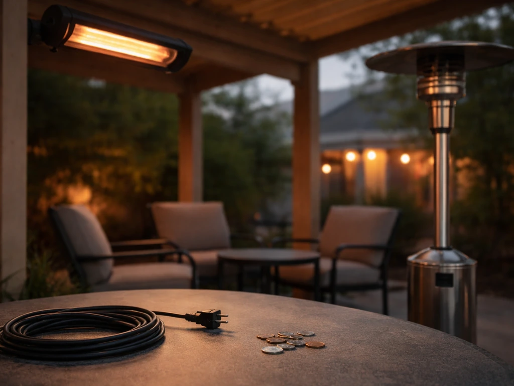 Covered outdoor patio showing an infrared heat lamp and a small propane heater beside coins and a power cable.