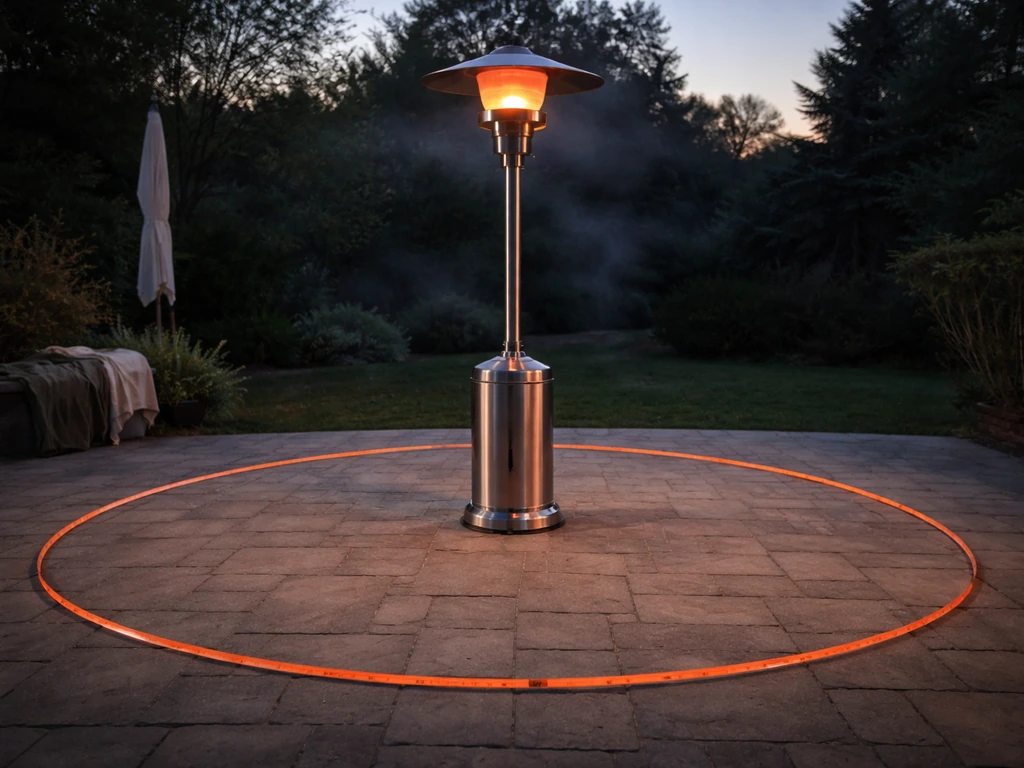Outdoor propane patio heater glowing, with a tape measure marking a roughly 20-foot coverage area on the ground.