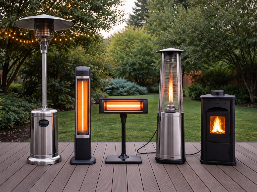Outdoor patio with five different heater types lined up side by side: propane, electric, infrared, natural gas, and pell