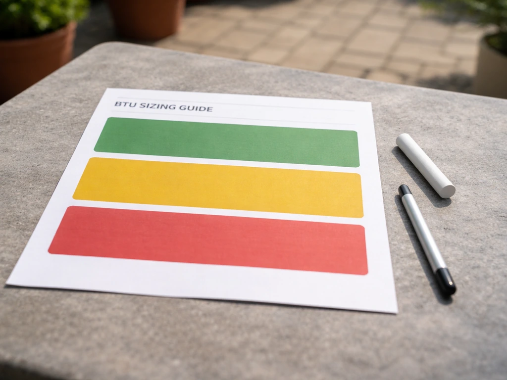 Close-up of a printed patio BTU guide sheet with tier blocks on an outdoor table in daylight.