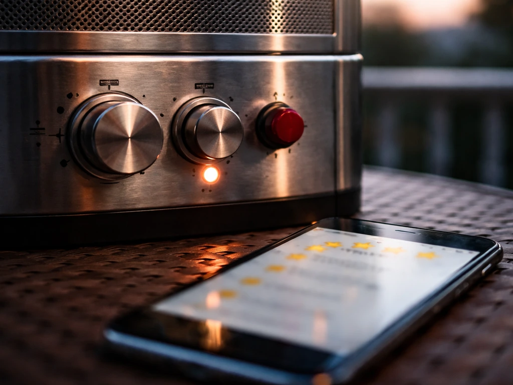 Close-up of patio heater control knobs beside a smartphone with blurry customer review-style icons.