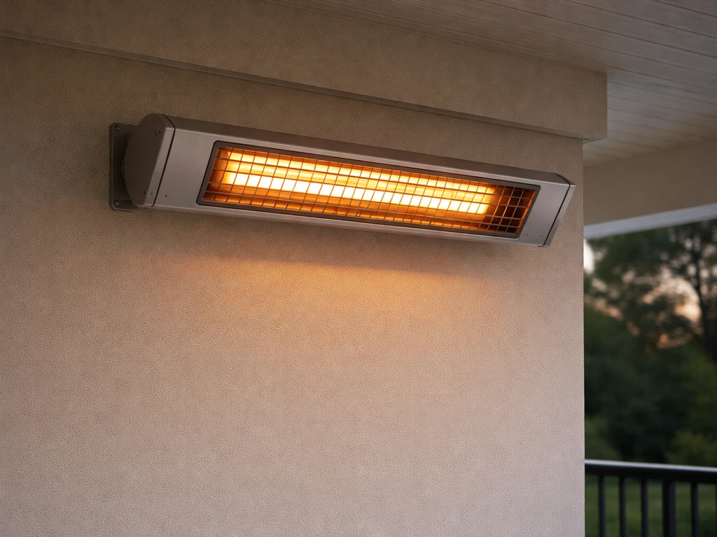 Wall-mounted electric patio heater glowing under a covered patio ceiling at dusk.