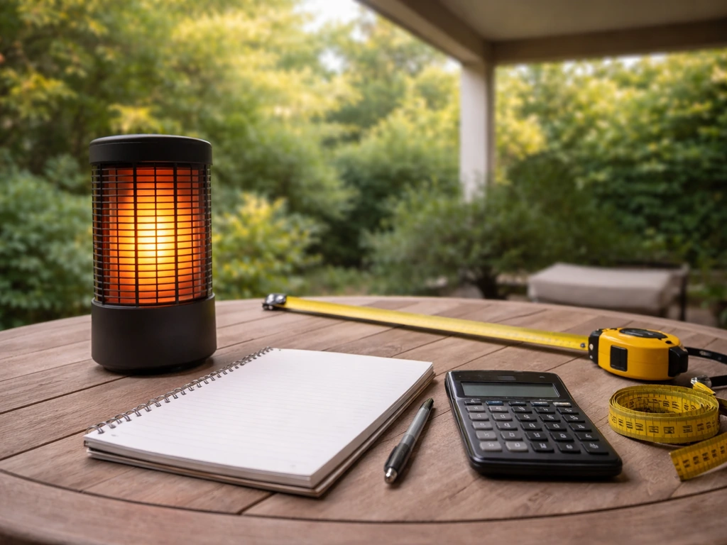 Calculator and measuring tape beside a small outdoor electric heater setup on a patio table.