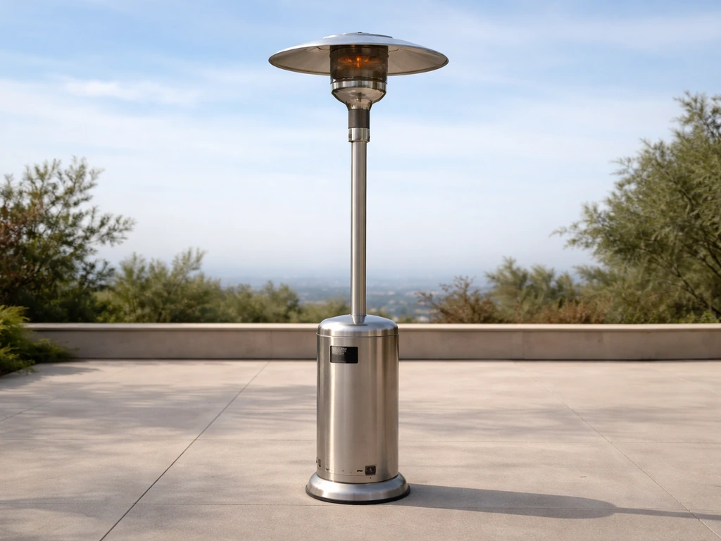 Outdoor propane patio heater placed upright in open air with visible certification label and clearance.