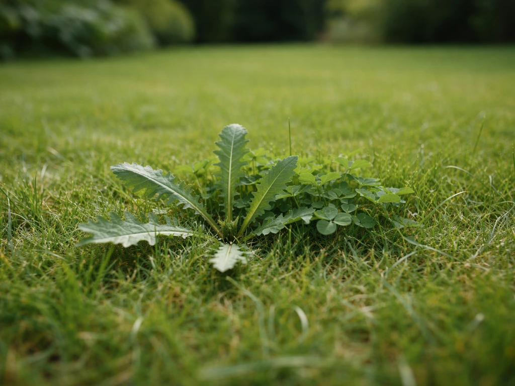 Pelouse avec quelques mauvaises herbes à feuilles larges (pissenlit, trèfle) visibles au milieu de l’herbe.