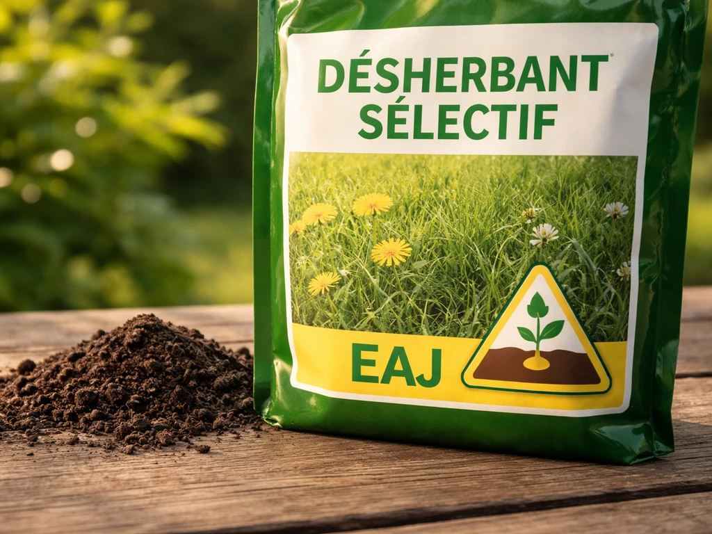 Gros plan d’une étiquette de désherbant sélectif de jardin montrant clairement la mention « EAJ » et le pictogramme.
