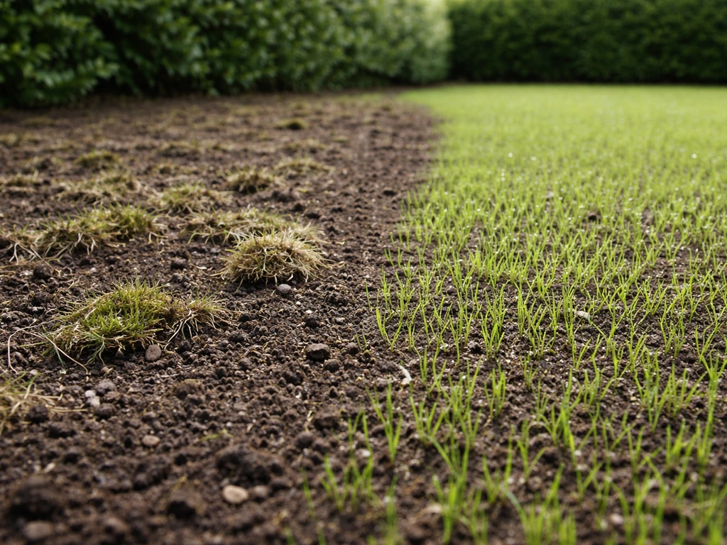 Pelouse après scarification, sol dégagé et jeunes brins verts après sursemis, zones ragréées visibles.