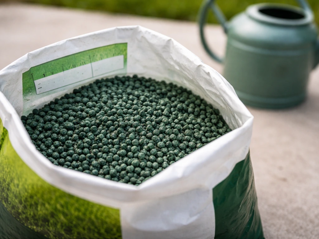 Granulés verts de sulfate de fer pour pelouse, gros plan sur texture et grains prêts à appliquer.
