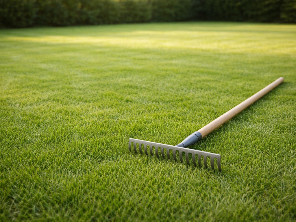 Gazon tondu à 4–5 cm, sol homogénéisé avec un râteau, juste avant l’épandage du produit.