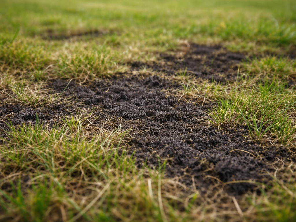 Pelouse avec mousse noire qui sèche après traitement, tandis que l’herbe reverdit légèrement.