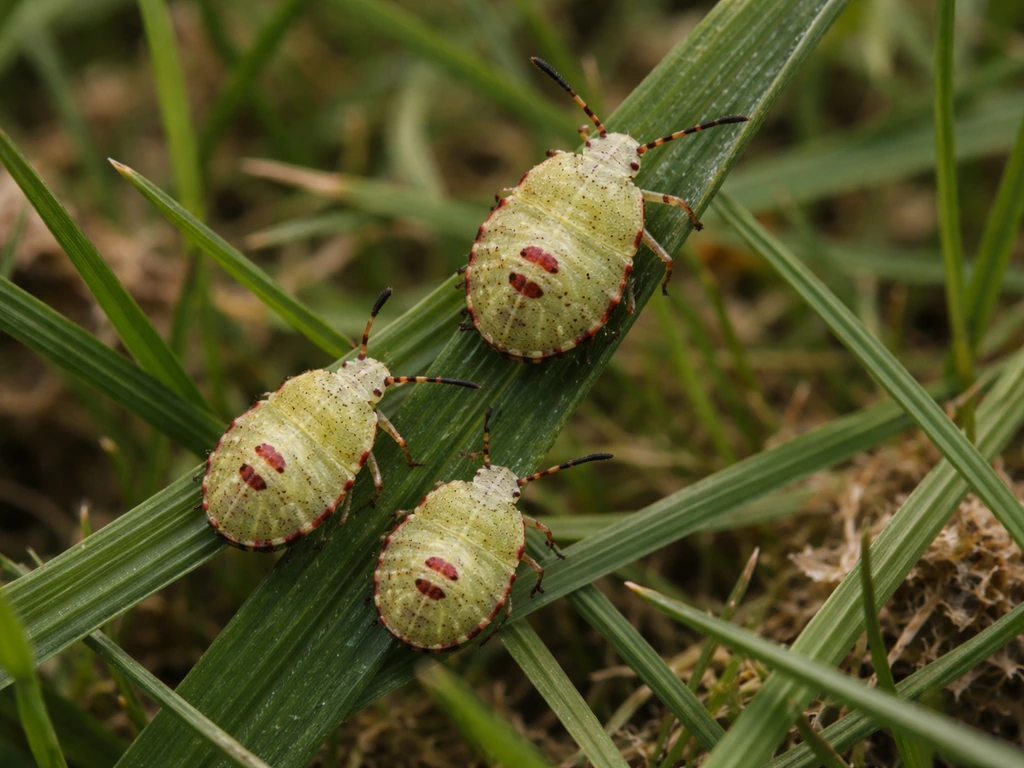Vue rapprochée de larves/nymphes de punaises de gazon sur un brin d’herbe avec dégâts localisés.