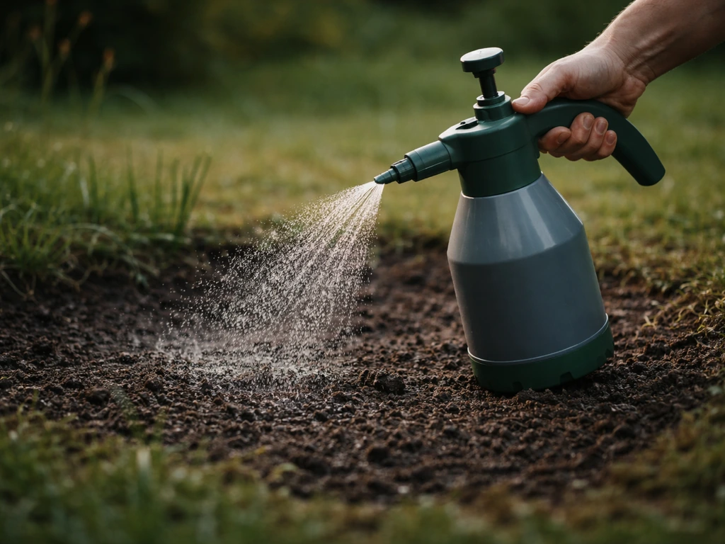 Main arrosant le sol avec un pulvérisateur de jardin, gouttelettes fines sur la terre, herbe légère en arrière-plan.