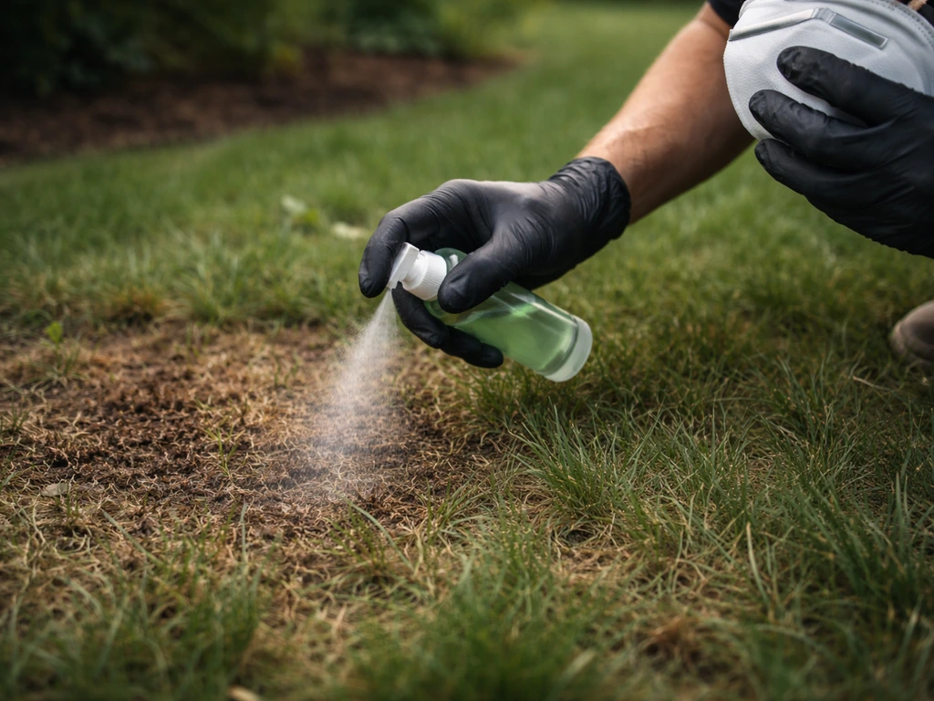 Personne masquée et gantée appliquant un insecticide localisé sur une plaque de pelouse, sans surtraiter