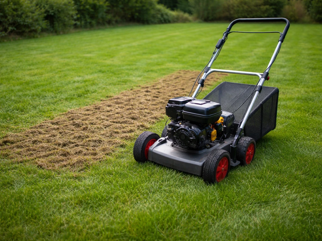 Scarificateur sur pelouse, laissant apparaître le feutrage mis à nu et l’herbe récupérée.