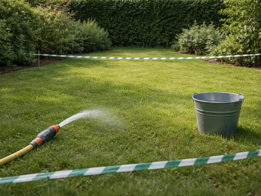 Pelouse après traitement : arrosage terminé et ruban au sol pour délimiter une zone de sécurité.