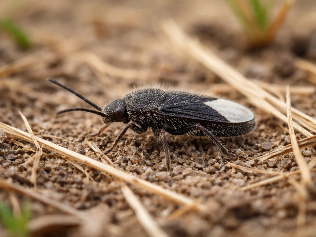 Gros plan sur une punaise du gazon adulte noire allongée, avec pilosité visible sur sol/chaume.