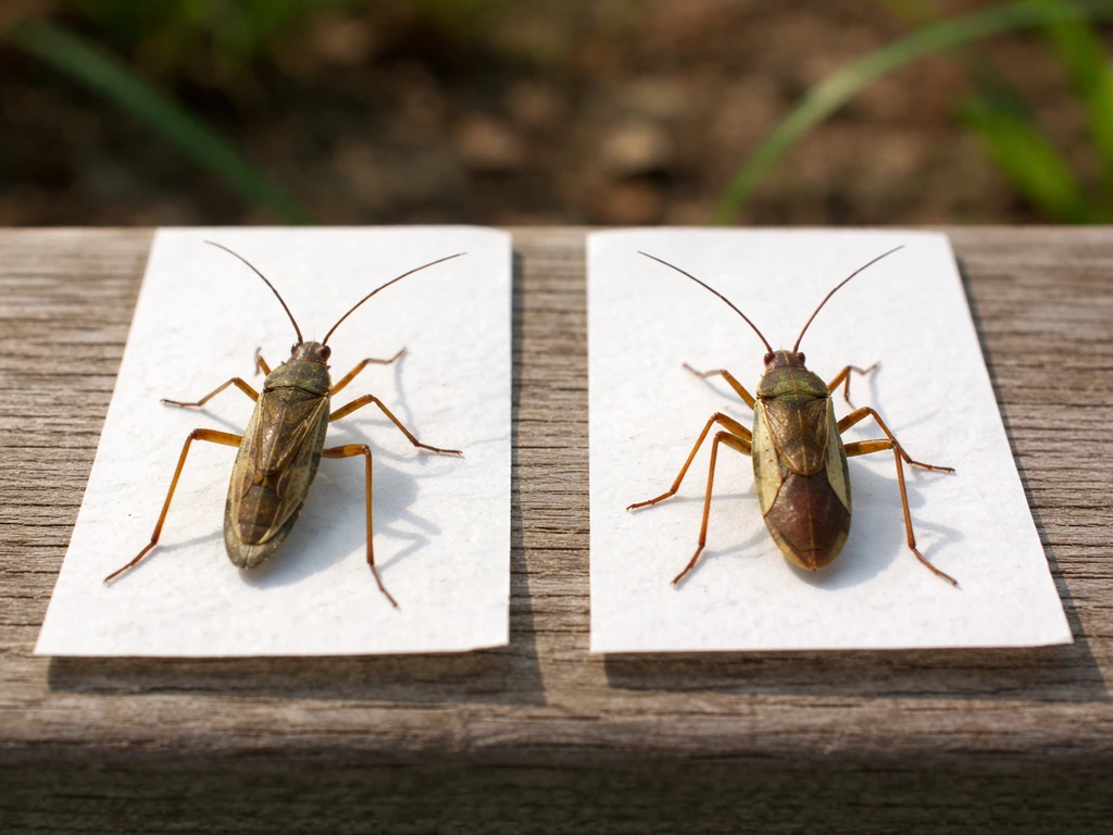 Deux insectes côte à côte en gros plan sur une table, pour comparer la punaise du gazon et un insecte proche.