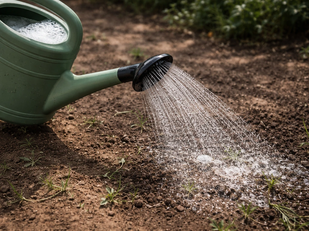 Arrosoir avec savon de Marseille liquide dilué, pulvérisation sur une zone de jardin suspecte