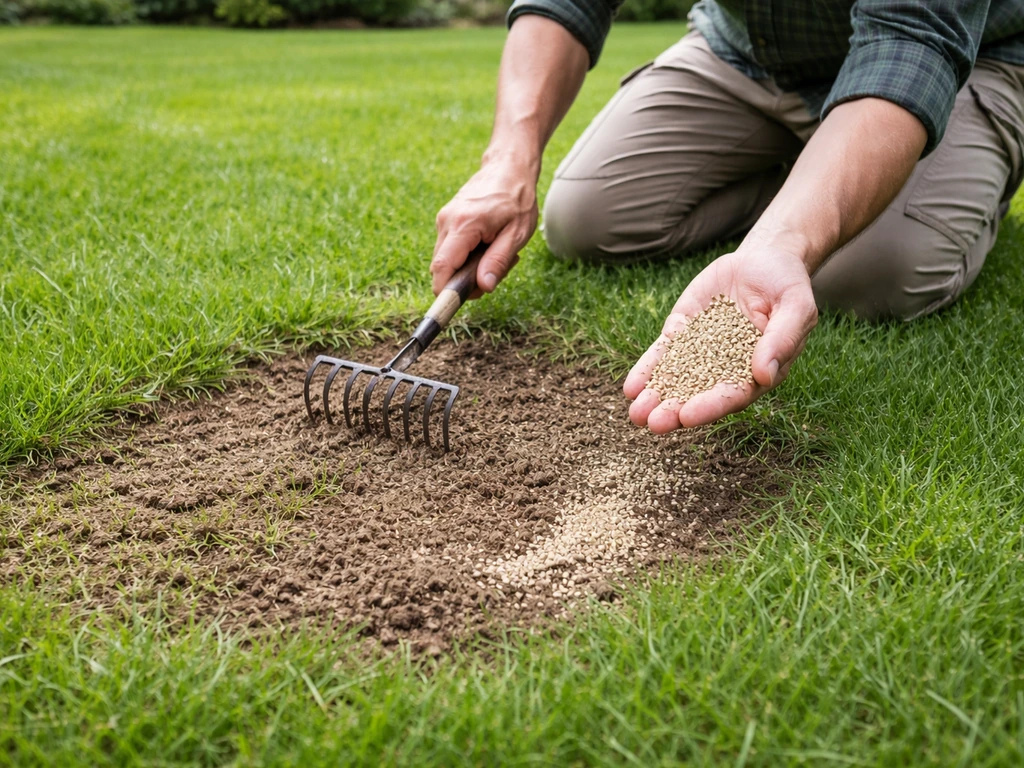 Main scarifiant une zone clairsemée de pelouse puis préparation du regarnissage, pelouse intacte autour.
