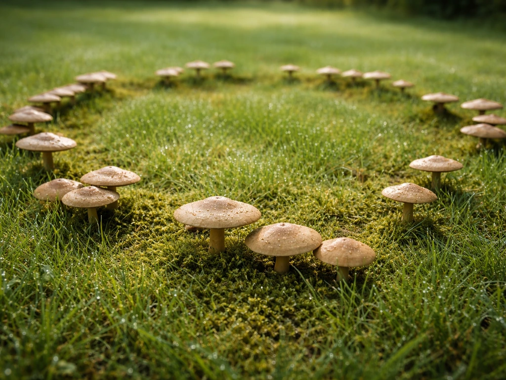 Gros plan sur une pelouse avec plusieurs champignons saprophytes et des “ronds de sorcière” visibles.