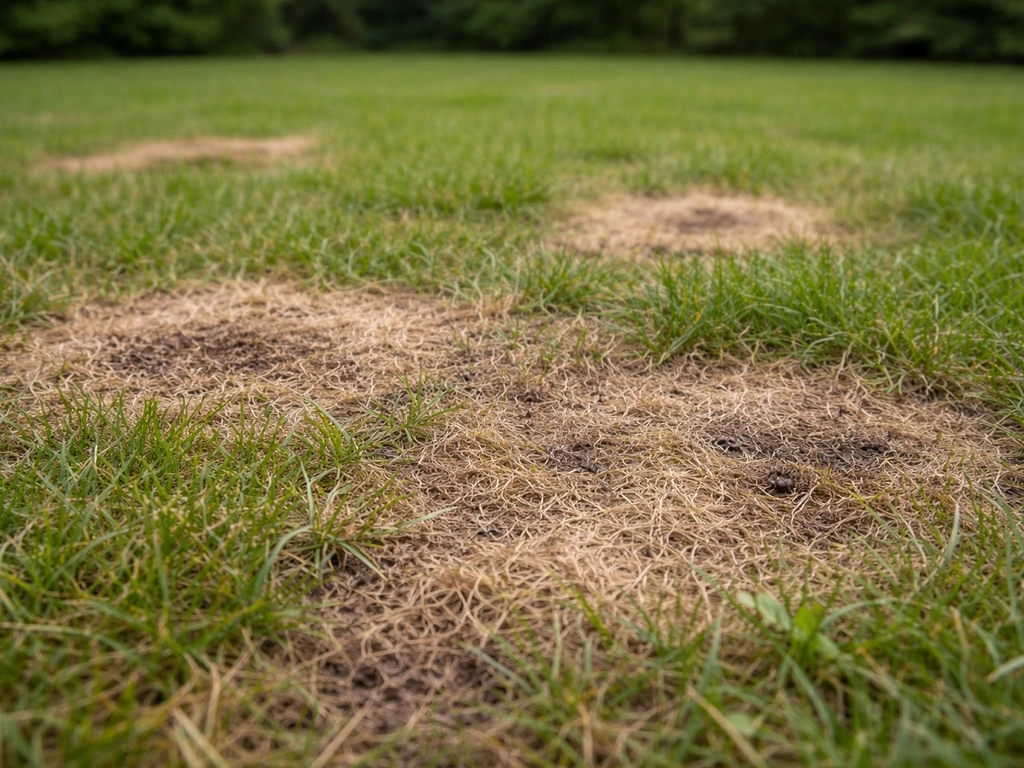 Pelouse jaunie et zones mortes avec taches irrégulières, herbe éparse au sol.