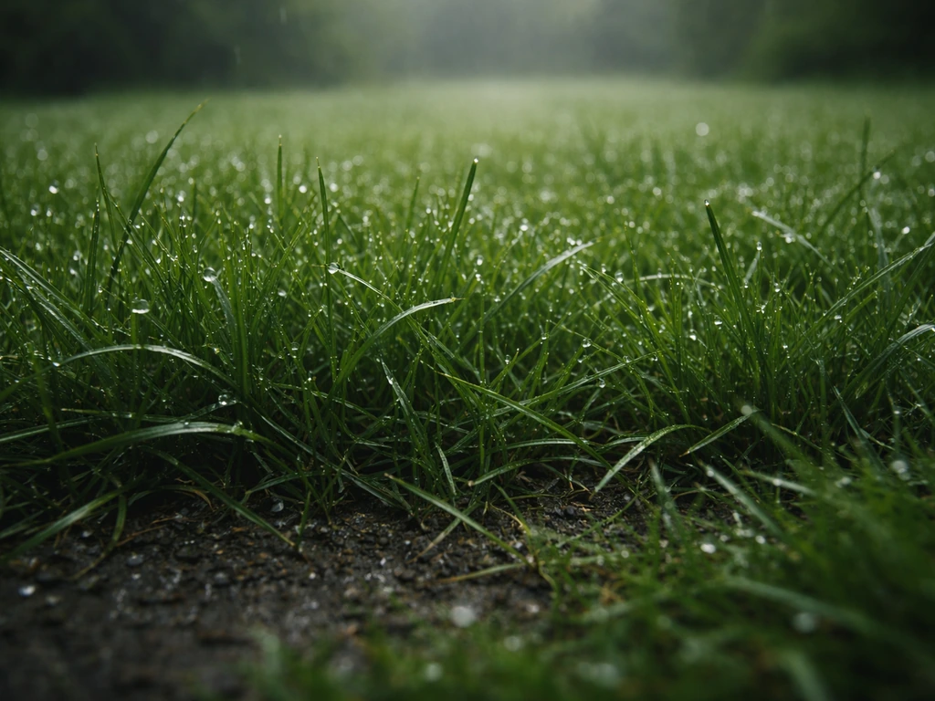 Gazon dense et humide, perles de condensation et sol sombre juste après arrosage ou pluie