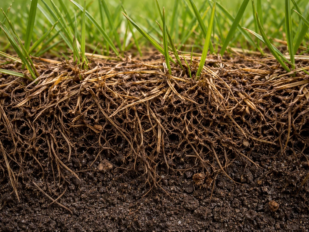 Gros plan d’une coupe de sol de pelouse : épaisse couche de feutre et débris organiques avant scarification.
