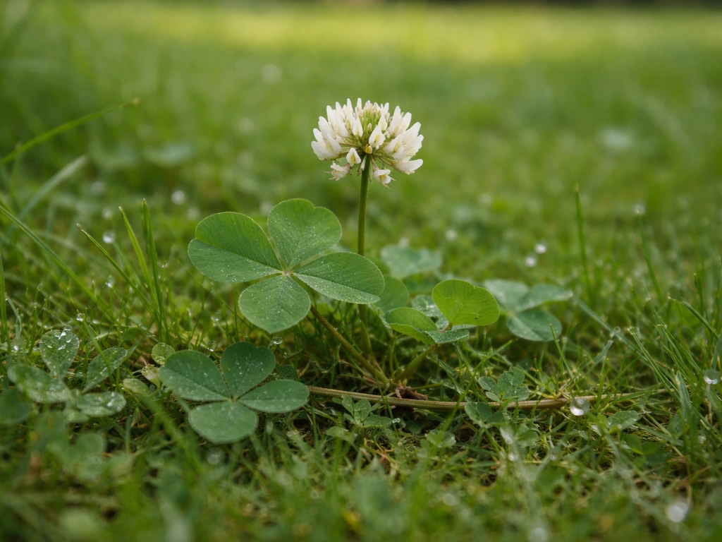 Gros plan d’un trèfle blanc dans la pelouse, feuilles à trois folioles et stolons rampants visibles.