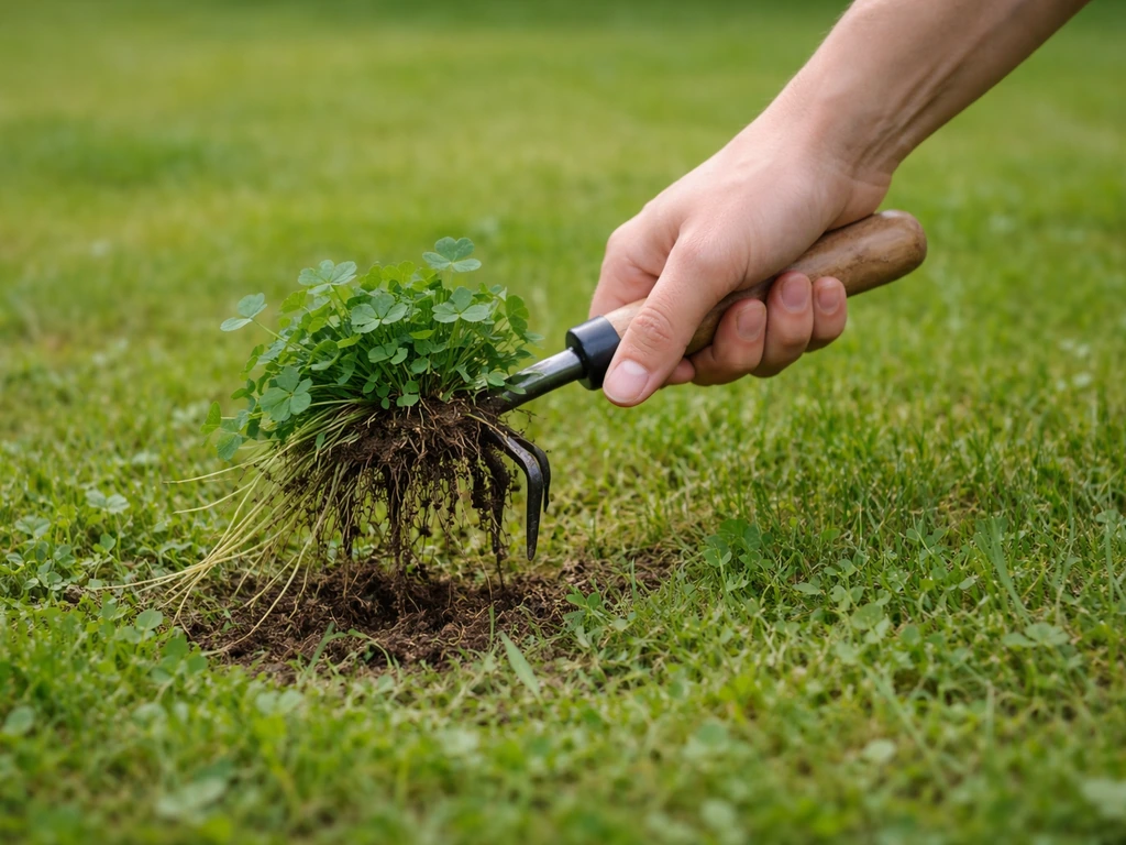 Main tenant une petite griffe, arrachant un bouquet de trèfle depuis une pelouse localisée.