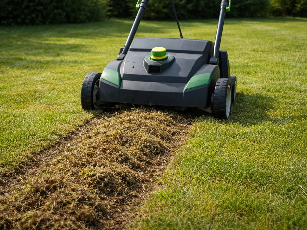Scarificateur de jardin sur une pelouse, feutre et débris végétaux visibles après le passage.