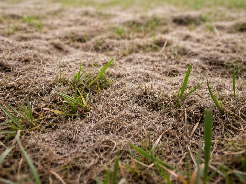 Plan au ras du sol montrant une couche de feutre brun-gris et des brins de gazon étouffés.