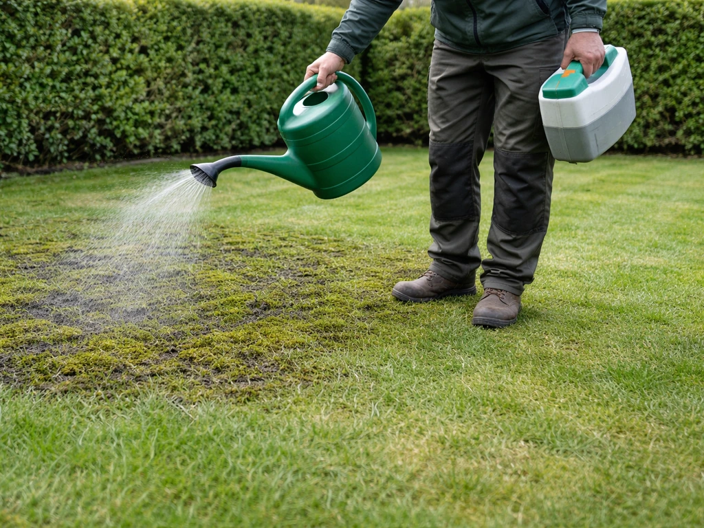 Un jardinier arrose une pelouse envahie de mousse avec un arrosoir, avant la scarification.