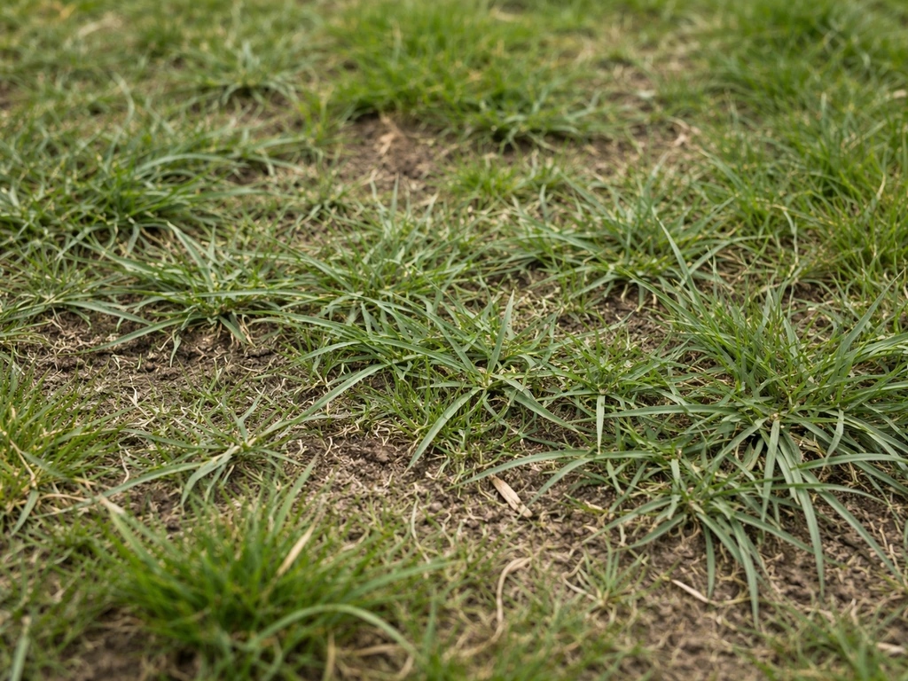 Gazon infesté montrant des touffes rampantes de chiendent avec feuilles vert-gris et texture dense.
