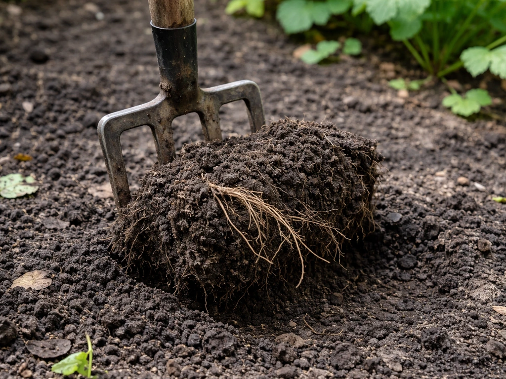 Fourche-bêche soulève une motte de terre humide, rhizomes visibles après extraction ciblée.