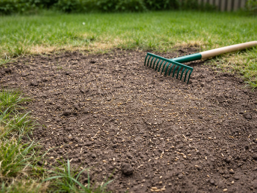 Sursemis de gazon sur une zone clairsemée, terre griffée et arrosage léger, jardin privé au naturel.
