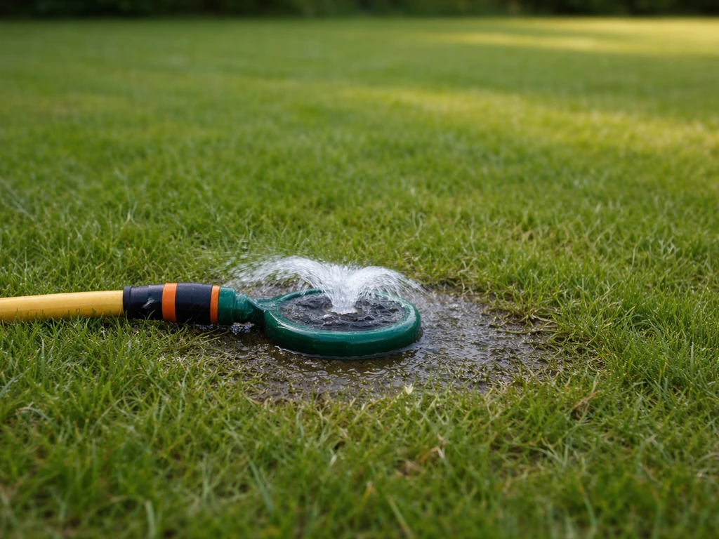 Arrosage lent du gazon avec un tuyau, eau s’infiltrant dans l’herbe, sol humidifié.